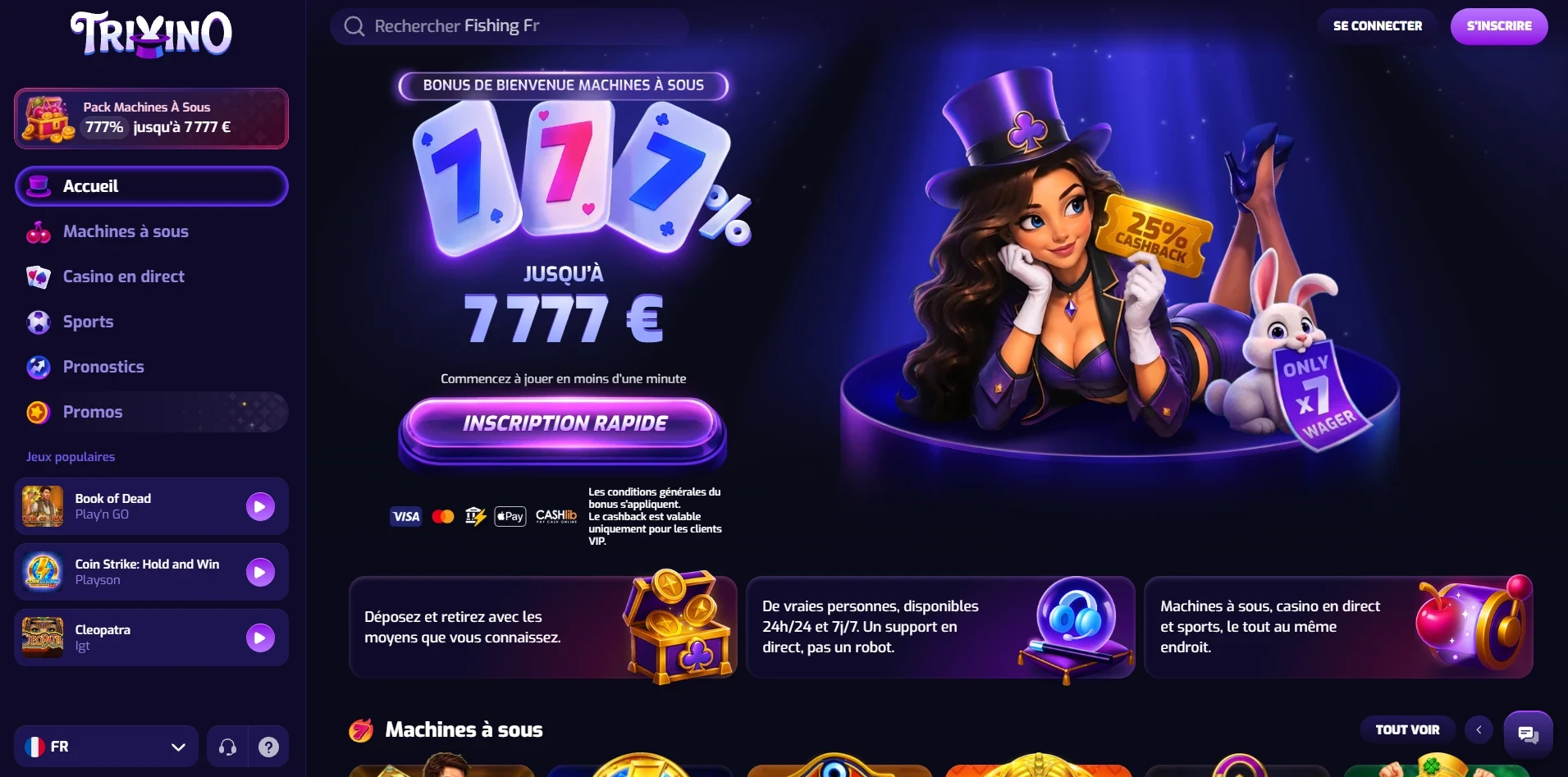 Page d'accueil de Trixino Casino : bonus de bienvenue 777 % jusqu'à 7 777 €, menu machines à sous, casino en direct, sports et promos